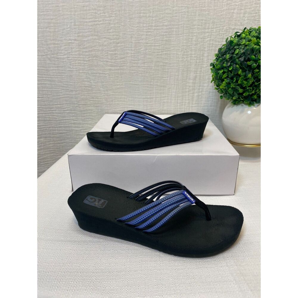 Teva Wedge Flip Flop Sandals Women's Size 7 Black Blue  Summer Travel Vacation